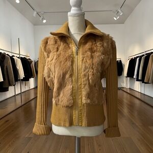 Leather USA Mustard Brown Genuine Rabbit Fur Ribbed Knit Zip Up Cardigan‎ XL